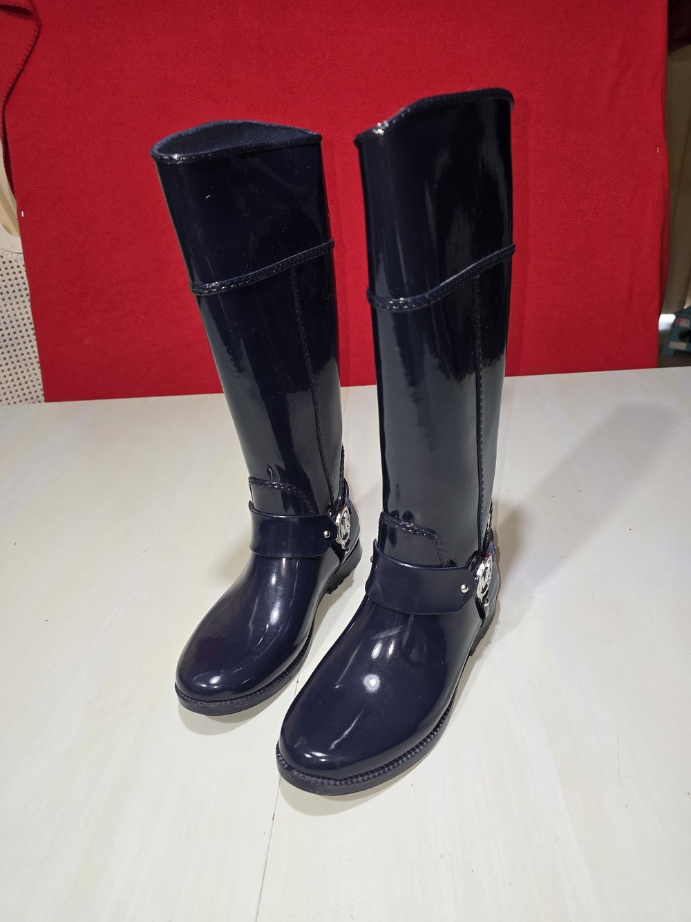 Michael Kors Fulton Harness Tall Navy Rain Boots MK Logo Women's Knee High